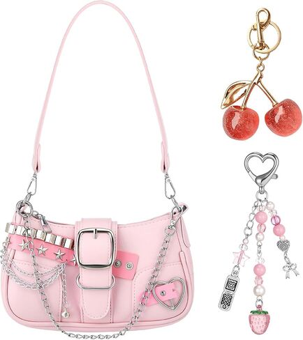 Pink Y2K Purse for Women, Cute Y2K Bag with Pink Cherry Keychain and Aesthetic Keychains Charms, Trendy Punk Shoulder Bag for Women Girls, Vintage Punk Handbag Accessories in Kuwait