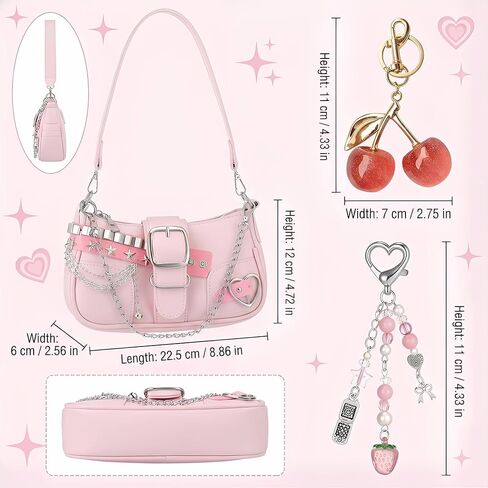 Pink Y2K Purse for Women, Cute Y2K Bag with Pink Cherry Keychain and Aesthetic Keychains Charms, Trendy Punk Shoulder Bag for Women Girls, Vintage Punk Handbag Accessories in Kuwait