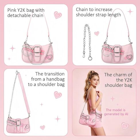 Pink Y2K Purse for Women, Cute Y2K Bag with Pink Cherry Keychain and Aesthetic Keychains Charms, Trendy Punk Shoulder Bag for Women Girls, Vintage Punk Handbag Accessories in Kuwait