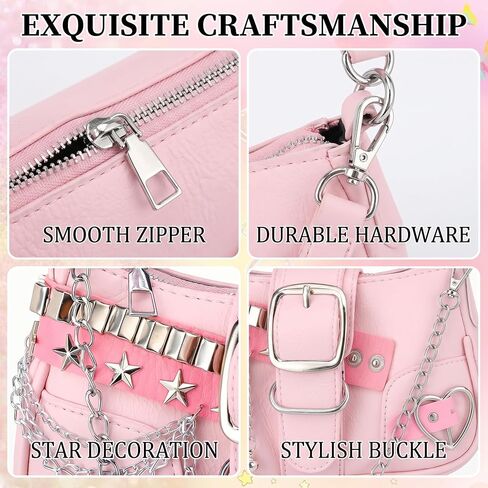 Pink Y2K Purse for Women, Cute Y2K Bag with Pink Cherry Keychain and Aesthetic Keychains Charms, Trendy Punk Shoulder Bag for Women Girls, Vintage Punk Handbag Accessories in Kuwait