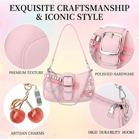 Pink Y2K Purse for Women, Cute Y2K Bag with Pink Cherry Keychain and Aesthetic Keychains Charms, Trendy Punk Shoulder Bag for Women Girls, Vintage Punk Handbag Accessories in Kuwait