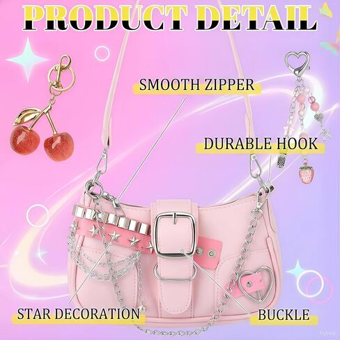 Pink Y2K Purse for Women, Cute Y2K Bag with Pink Cherry Keychain and Aesthetic Keychains Charms, Trendy Punk Shoulder Bag for Women Girls, Vintage Punk Handbag Accessories in Kuwait