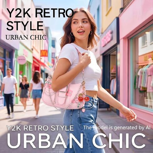 Pink Y2K Purse for Women, Cute Y2K Bag with Pink Cherry Keychain and Aesthetic Keychains Charms, Trendy Punk Shoulder Bag for Women Girls, Vintage Punk Handbag Accessories in Kuwait
