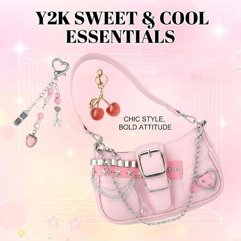 Pink Y2K Purse for Women, Cute Y2K Bag with Pink Cherry Keychain and Aesthetic Keychains Charms, Trendy Punk Shoulder Bag for Women Girls, Vintage Punk Handbag Accessories in Kuwait