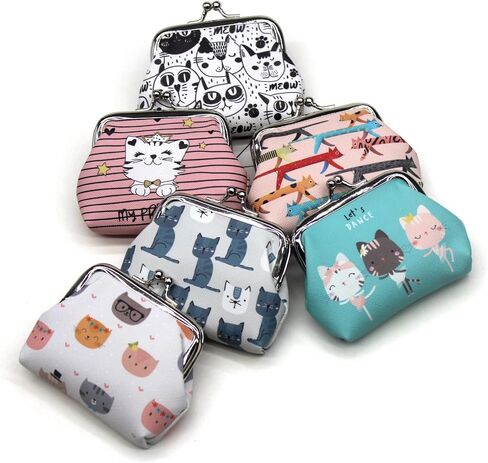 Cat Themed Leather Coin Purse Small Wallet for Women Girl Fashion Cute Wallets Simple Credit Card Slim Wallet Gift (6pcs) in Kuwait