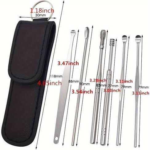 6-Piece Stainless Steel Ear Picking Set – Portable Keychain Ear Wax Cleaning Tools, Reusable Ear Spoon Kit for Precise Earwax Removal & Hygiene (Black) in Kuwait