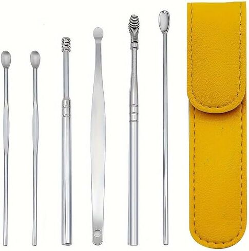 6-Piece Stainless Steel Ear Picking Set – Portable Keychain Ear Wax Cleaning Tools, Reusable Ear Spoon Kit for Precise Earwax Removal & Hygiene (Black) in Kuwait