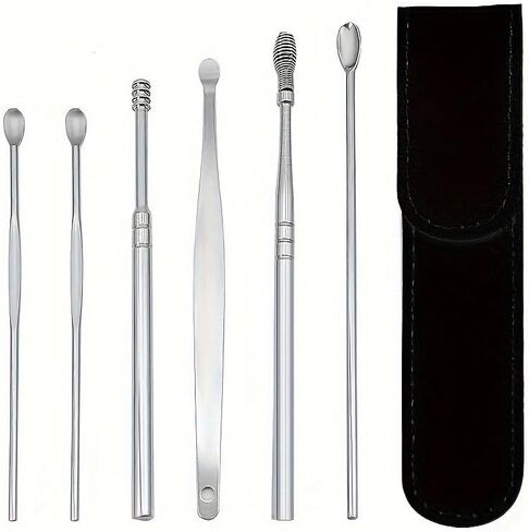 6-Piece Stainless Steel Ear Picking Set – Portable Keychain Ear Wax Cleaning Tools, Reusable Ear Spoon Kit for Precise Earwax Removal & Hygiene (Black) in Kuwait