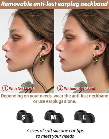 HALLEAST Earplugs for Concert, Noise Reduction, Hearing Protection, with Removable Ear Plug Lanyard, Safety Connector Cord Strap Neckband – SNR 26dB, NRR 14dB, Black Plug + Black Tip in Saudi Arabia