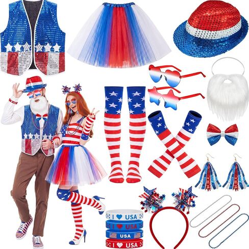 Unittype 18 Pcs 250 Years 4th of July Costume Set for Couple Patriotic Independence Day Party Women Men Multicolor in Kuwait