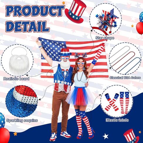 Unittype 18 Pcs 250 Years 4th of July Costume Set for Couple Patriotic Independence Day Party Women Men Multicolor in Kuwait