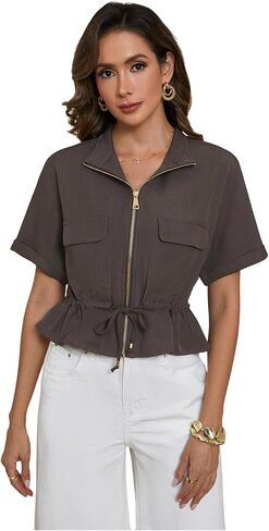 MakeMeChic Women's Work Business Casual Crop Jacket Short Sleeve Drawstring Bomber Jacket Zip Up Coat with Pocket in Kuwait