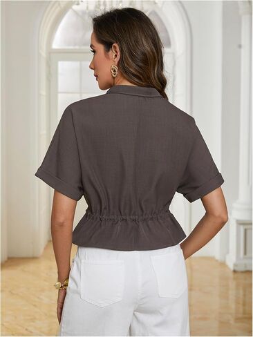 MakeMeChic Women's Work Business Casual Crop Jacket Short Sleeve Drawstring Bomber Jacket Zip Up Coat with Pocket in Kuwait