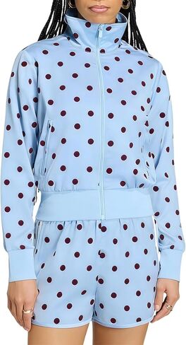 Womens Satin Polka Dot Top Funnel Neck Zip Up Fall Spring Jacket Slim Fit Cropped Trendy Sport Coat with Pockets in Saudi Arabia