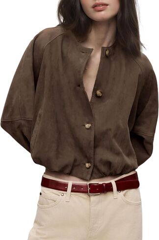 Daacee Women Faux Suede Cropped Jacket Vintage Button Front Round Neck Short Jackets Streetwear Outerwear in Saudi Arabia