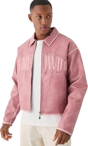 Boxy Tumble PU Applique Harrington Jacket In Pink in Saudi Arabia