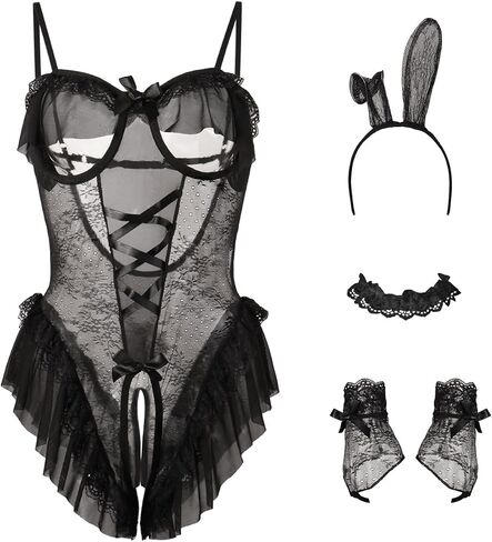 Sexy Bunny Outfit for Women Girl Suit Senpai Roleplay Rabbit Costume One Piece Babydoll Bodysuit Easter Outfit (Black, One Size) in Saudi Arabia