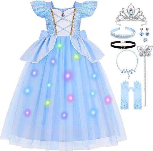 Cinderella Princess Dress for Little Girls Puff Sleeve LED Light Up Costume Christmas Carnival Cosplay Outfit in Kuwait