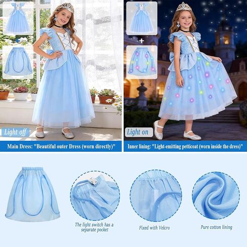 Cinderella Princess Dress for Little Girls Puff Sleeve LED Light Up Costume Christmas Carnival Cosplay Outfit in Kuwait