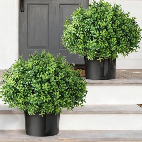 Set of 2 Artificial Boxwood Topiary Ball Trees - UV Resistant Faux Boxwood Potted Plants, Spring Summer Greenery Fake Bushes for Front Door Farmhouse Garden Porch Outdoor Decor in Saudi Arabia