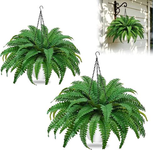2Pack Artificial Boston Fern Fake Hanging Ferns Plants 23.6'' UV Resistant Faux Ferns in Pots 50 Leaves Artificial Fern Hanging Baskets Faux Potted Plant for Outside Porch Patio Home Garden Decor in Saudi Arabia