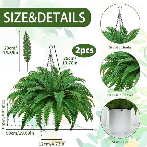 2Pack Artificial Boston Fern Fake Hanging Ferns Plants 23.6'' UV Resistant Faux Ferns in Pots 50 Leaves Artificial Fern Hanging Baskets Faux Potted Plant for Outside Porch Patio Home Garden Decor in Saudi Arabia