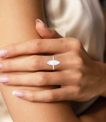 18x7mm Genuine Moonstone Minimalism Rings, Sterling Silver Dainty Rings Healing Gemstone Real Jewelry for Women in Saudi Arabia