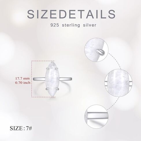 18x7mm Genuine Moonstone Minimalism Rings, Sterling Silver Dainty Rings Healing Gemstone Real Jewelry for Women in Saudi Arabia