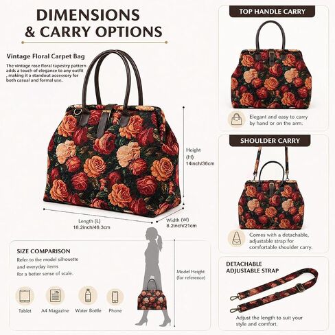 Vintage Floral Carpet Bag Large Capacity Tapestry Weekender Travel Bag for Women,Crossbody Tote for Daily Work and Travel in Saudi Arabia