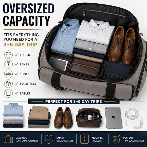 Oversized Canvas Weekender Duffel Bag for Men, Gift for Dad, Genuine Leather Trim & Brass Hardware, 23" Carry-On Travel Bag, Large Overnight Weekend Bag, Gray in Kuwait