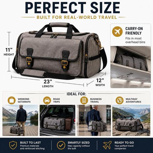 Oversized Canvas Weekender Duffel Bag for Men, Gift for Dad, Genuine Leather Trim & Brass Hardware, 23" Carry-On Travel Bag, Large Overnight Weekend Bag, Gray in Kuwait