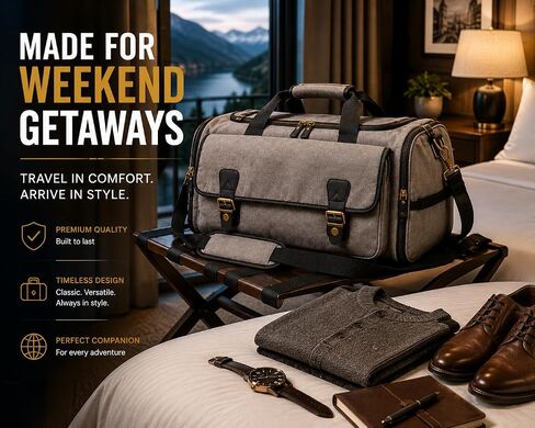 Oversized Canvas Weekender Duffel Bag for Men, Gift for Dad, Genuine Leather Trim & Brass Hardware, 23" Carry-On Travel Bag, Large Overnight Weekend Bag, Gray in Kuwait
