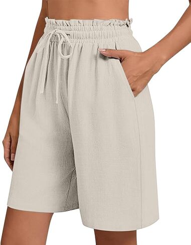 Wowcarbazole Women's Linen Summer Shorts Cargo Shorts Knee Length Elastic Waist Long Casual Shorts with Pockets in Saudi Arabia