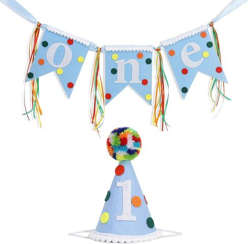 Colorful Polka Dot High Chair Banner & Hat - Little One First Birthday Decorations,Rainbow Blue One Highchair Banner,Polka Dot 1st Birthday Hat,Colorful Party Set Photo Props in Kuwait