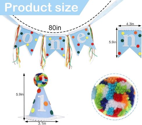 Colorful Polka Dot High Chair Banner & Hat - Little One First Birthday Decorations,Rainbow Blue One Highchair Banner,Polka Dot 1st Birthday Hat,Colorful Party Set Photo Props in Kuwait
