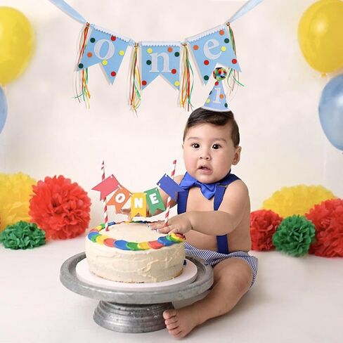 Colorful Polka Dot High Chair Banner & Hat - Little One First Birthday Decorations,Rainbow Blue One Highchair Banner,Polka Dot 1st Birthday Hat,Colorful Party Set Photo Props in Kuwait
