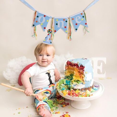 Colorful Polka Dot High Chair Banner & Hat - Little One First Birthday Decorations,Rainbow Blue One Highchair Banner,Polka Dot 1st Birthday Hat,Colorful Party Set Photo Props in Kuwait