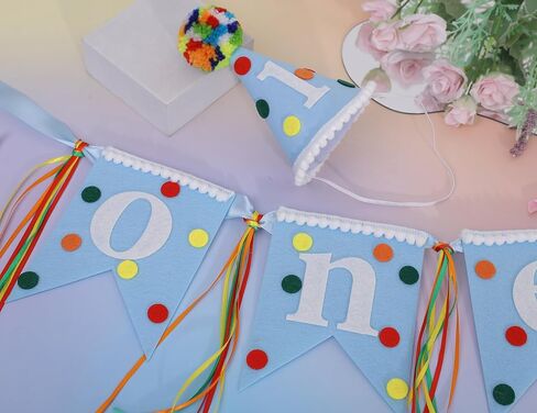 Colorful Polka Dot High Chair Banner & Hat - Little One First Birthday Decorations,Rainbow Blue One Highchair Banner,Polka Dot 1st Birthday Hat,Colorful Party Set Photo Props in Kuwait
