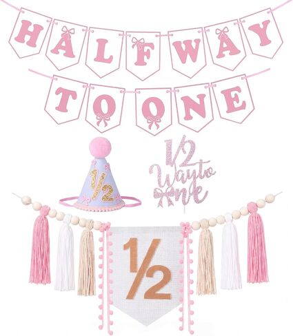 1/2 Birthday Girl Decorations, Half Way to One Baby Girl Banner, Hat, Cake Topper & Tassel Garland, 6 Month Birthday Decorations Girl, Half Birthday Party Supplies in Saudi Arabia