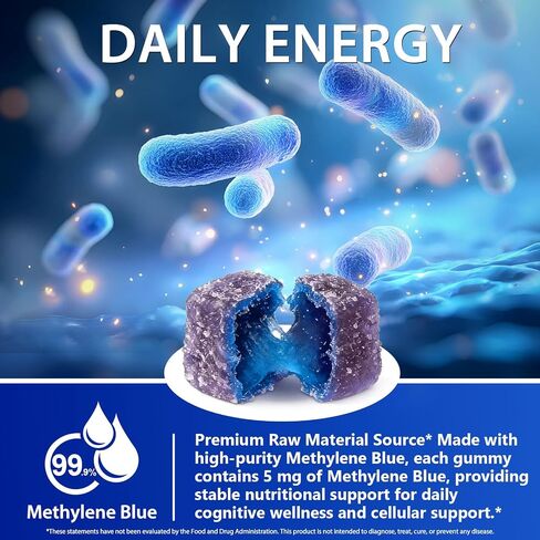 Methylene Blue Gummies 60 Count - 5mg of Methylene Blue Per Gummy, 99.9% Pure - Supports Cognitive Function, Mental Focus & Cellular Energy - Antioxidant Support, Vegan, Non GMO in Kuwait