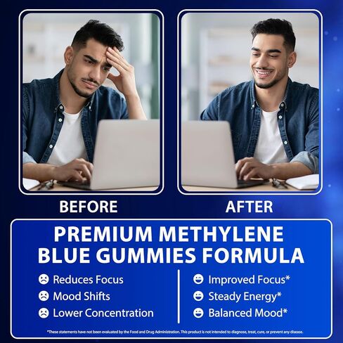 Methylene Blue Gummies 60 Count - 5mg of Methylene Blue Per Gummy, 99.9% Pure - Supports Cognitive Function, Mental Focus & Cellular Energy - Antioxidant Support, Vegan, Non GMO in Kuwait