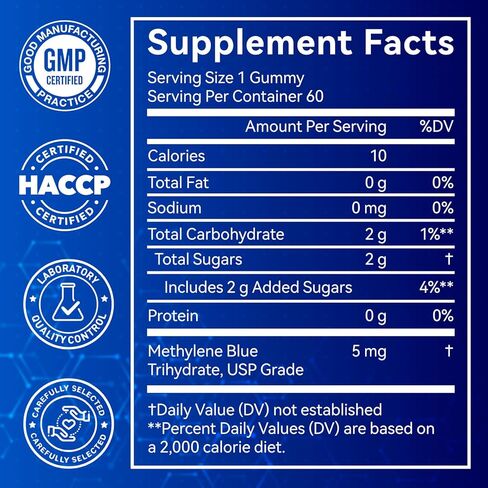 Methylene Blue Gummies 60 Count - 5mg of Methylene Blue Per Gummy, 99.9% Pure - Supports Cognitive Function, Mental Focus & Cellular Energy - Antioxidant Support, Vegan, Non GMO in Kuwait
