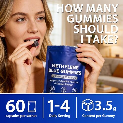 Methylene Blue Gummies 60 Count - 5mg of Methylene Blue Per Gummy, 99.9% Pure - Supports Cognitive Function, Mental Focus & Cellular Energy - Antioxidant Support, Vegan, Non GMO in Kuwait