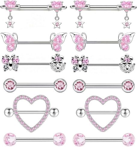 Suotarn Nipple Piercing Jewelry 14G Surgical Stainless Steel Pink Silver Nipple Rings for Women Cute Heart Been Nipple Barbells stud 14 gauges Nipple bar in Saudi Arabia