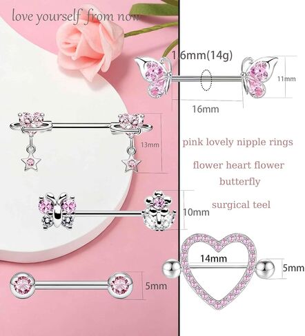 Suotarn Nipple Piercing Jewelry 14G Surgical Stainless Steel Pink Silver Nipple Rings for Women Cute Heart Been Nipple Barbells stud 14 gauges Nipple bar in Saudi Arabia