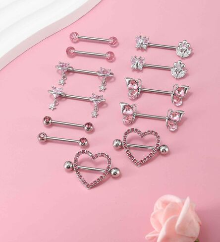 Suotarn Nipple Piercing Jewelry 14G Surgical Stainless Steel Pink Silver Nipple Rings for Women Cute Heart Been Nipple Barbells stud 14 gauges Nipple bar in Saudi Arabia