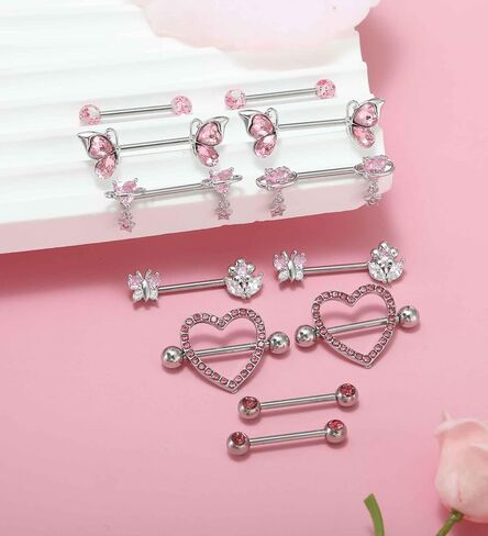 Suotarn Nipple Piercing Jewelry 14G Surgical Stainless Steel Pink Silver Nipple Rings for Women Cute Heart Been Nipple Barbells stud 14 gauges Nipple bar in Saudi Arabia