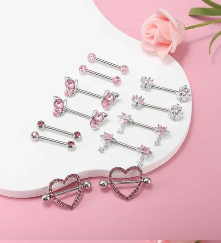 Suotarn Nipple Piercing Jewelry 14G Surgical Stainless Steel Pink Silver Nipple Rings for Women Cute Heart Been Nipple Barbells stud 14 gauges Nipple bar in Saudi Arabia