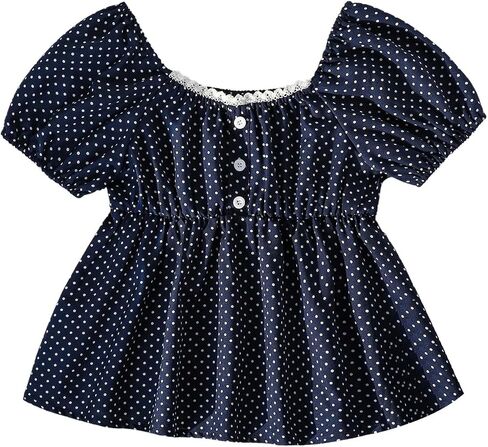 تي شيرت للفتيات من SweatyRocks مزين بالدانتيل منقطة Y2k Coquette بأكمام منتفخة وزر أمامي من Peplum in Kuwait