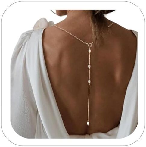 Pearl Back Chain for Backlesss Dress Layered Backdrop Gold Dainty Chain Women Bridal Wedding Back Necklace Summer Beach Body Jewelry (Gold A) in Saudi Arabia